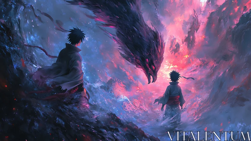 Fiery spirit dragon meets lone warrior in swirling storm