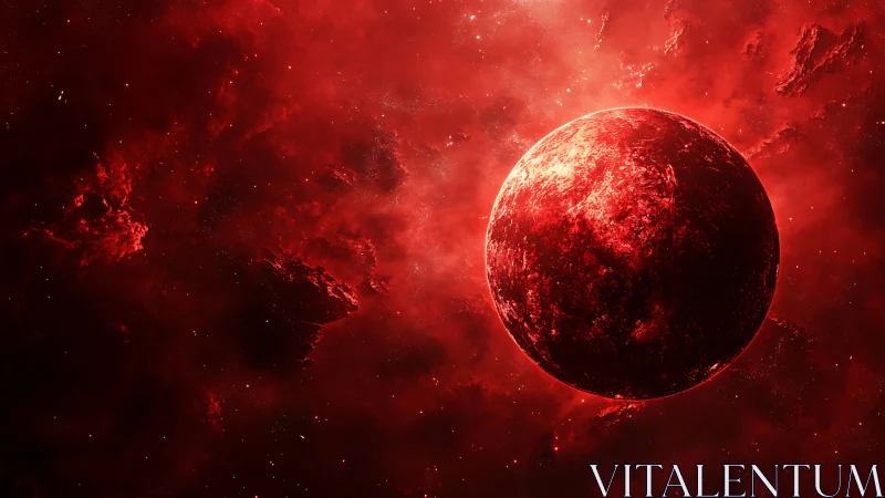 Crimson planet drifts through a storm of burning nebulae