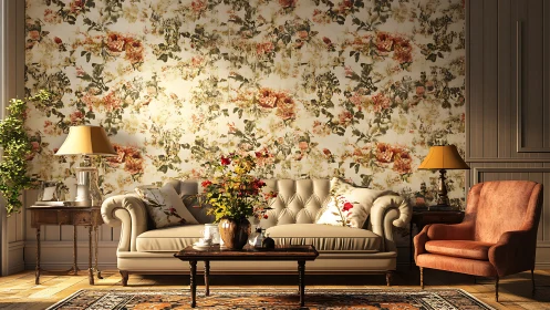 Floral wallpaper living room with classic sofa and armchair.