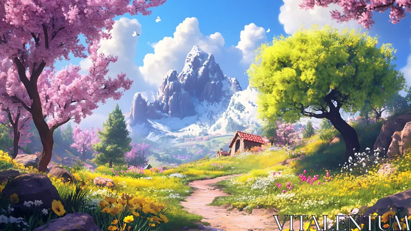 Spring-bright valley path curls toward storybook mountain peaks