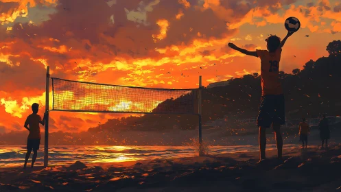 Sunset beach volleyball match rendered in dynamic digital color