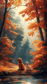 Dogs on forest path under dense orange autumn foliage.