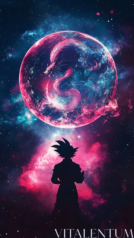 Celestial warrior beneath neon dragon sphere in starlit void.