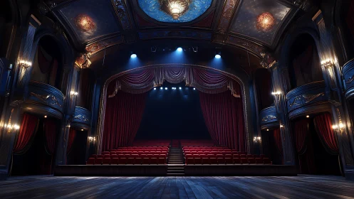 Symmetrical proscenium theatre interior under dramatic rigging.