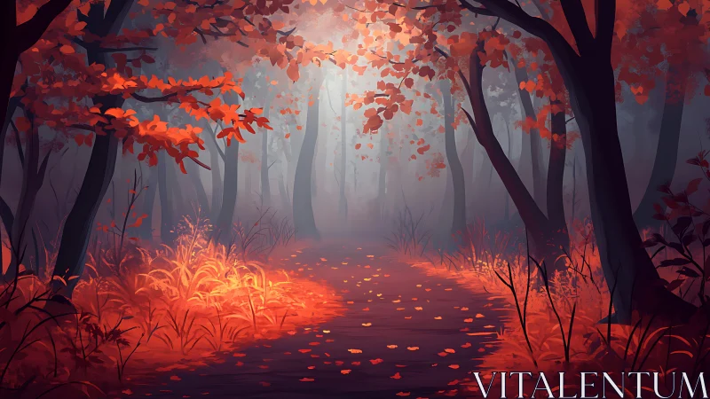 Autumn Forest Path Illuminated by Warm Luminescent Ground Glow