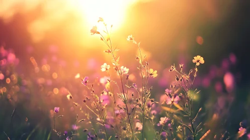 Backlit wildflower meadow with golden hour bokeh glow