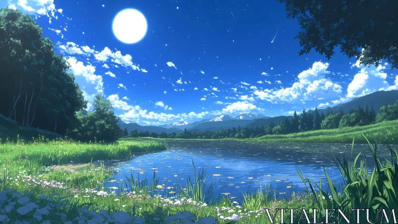 Moonlit alpine lake reflects vivid summer night sky