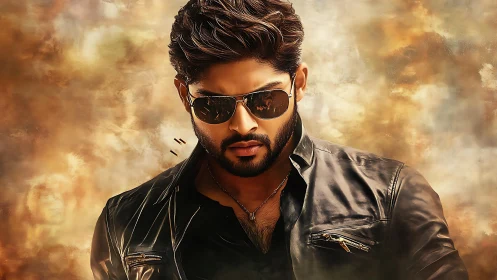 Cinematic male portrait in leather jacket against warm bokeh field.