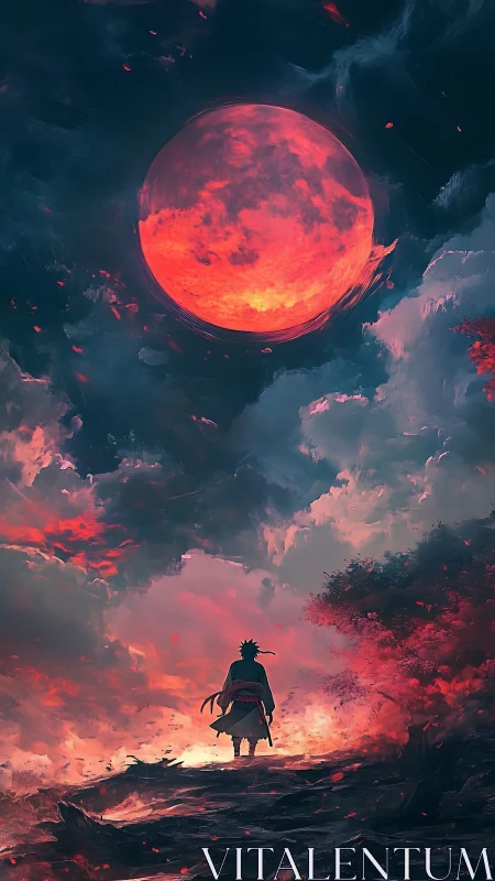 Under crimson moonlight, lone warrior walks the burning path.