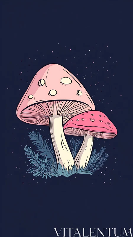 Moonlit pink mushrooms in a quiet, starry forest night.