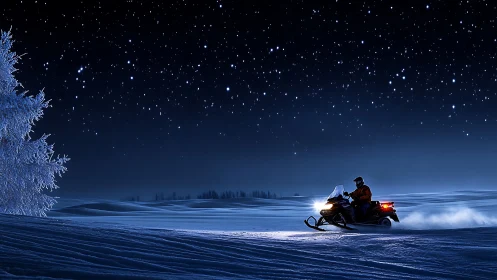 Snowmobile rider crosses frozen landscape under starry sky