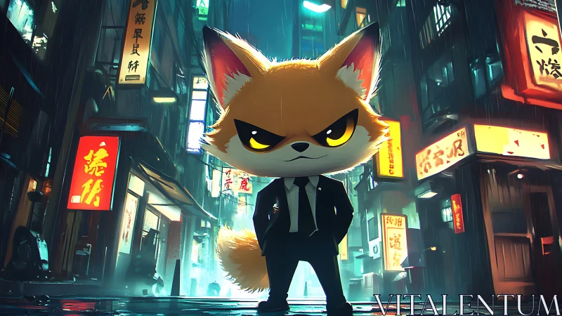 Tough fox in suit stands in neon lit rainy city street.