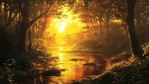 Backlit forest creek in golden hour digital painting study.