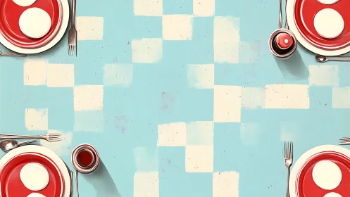 Symmetrical tabletop layout with four red place settings.