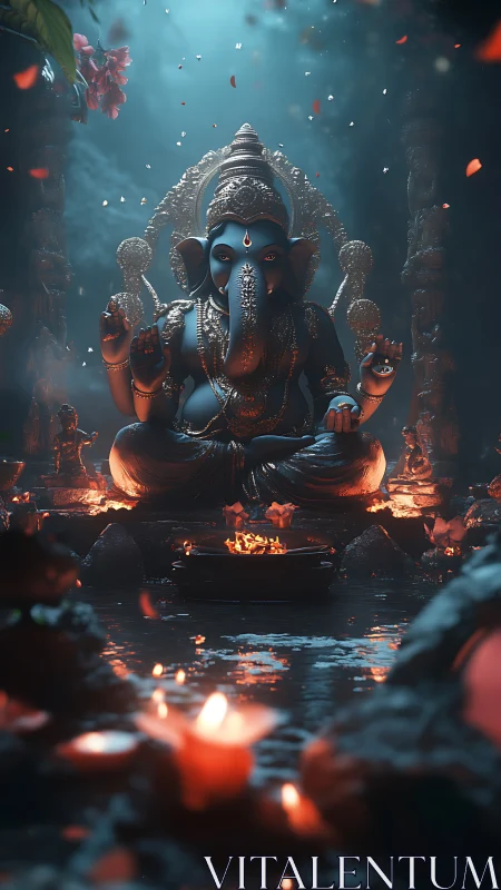 Divine blue Ganesha idol amid glowing temple lamps.