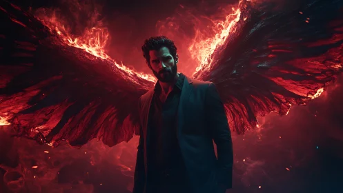 Dark winged figure framed by blazing infernal fire wings.