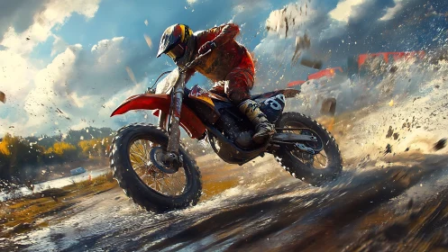 Mud-slinging motocross thunderstorm under a wild racing sky.