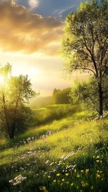 Sunlit meadow slope captures atmospheric backlit vegetation study