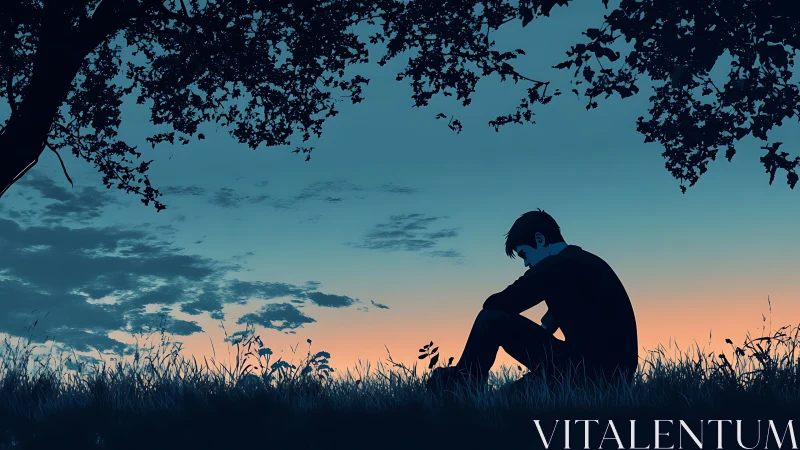 Silhouetted youth contemplates alone beneath a tree at dusk