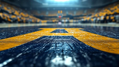 Photorealistic low-angle arena court lettering with bokeh depth.