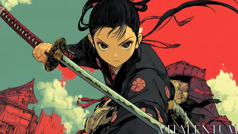 Samurai youth in combat stance with dual swords outdoors.