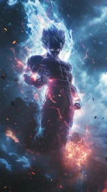 Stormforged anime warrior ignites within cosmic thunderclouds.