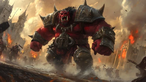 Rampaging crimson warlord storms a burning medieval citadel.