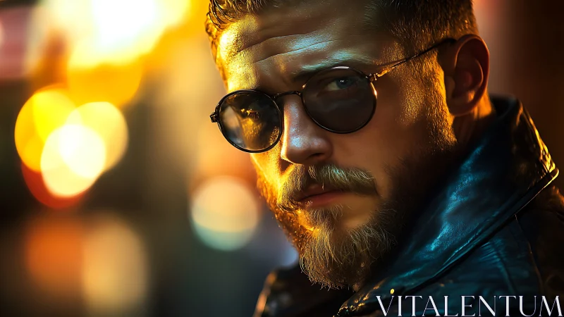 Bearded man in leather jacket under neon night bokeh glow.
