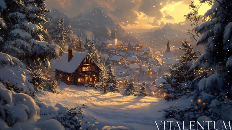 Snow-laden alpine village with luminous cabin light dynamics.