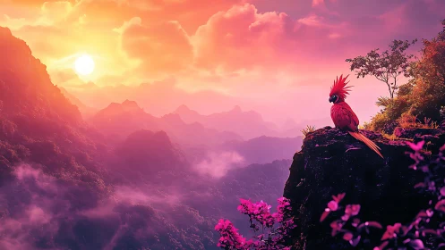 High saturation sunset over misty valley with stylized red parrot