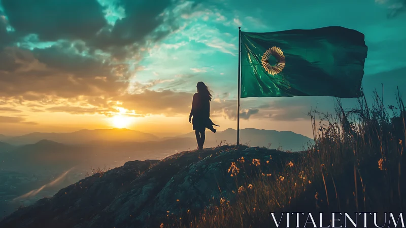Silhouette on ridge with green flag under dramatic sunset sky.
