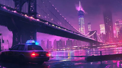 Neon‑lit rainy bridge scene with reflective river and parked taxi