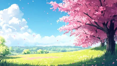 Petal-bright cherry tree leans into a sun-washed meadow day
