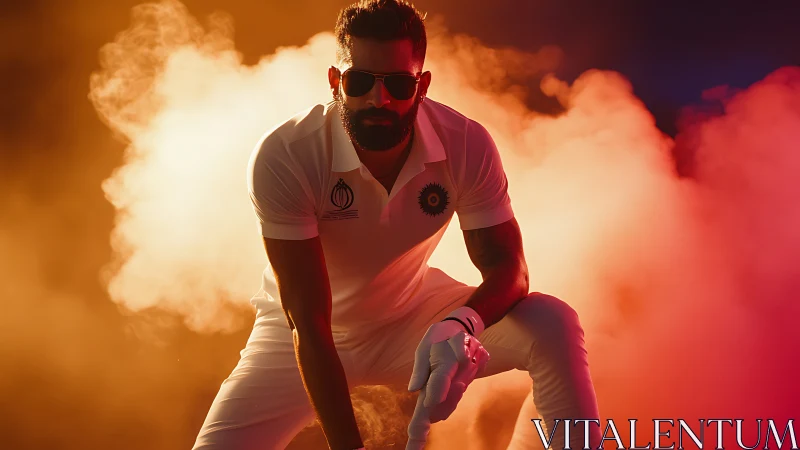 Cricket player crouches in smoke with dramatic warm lighting.