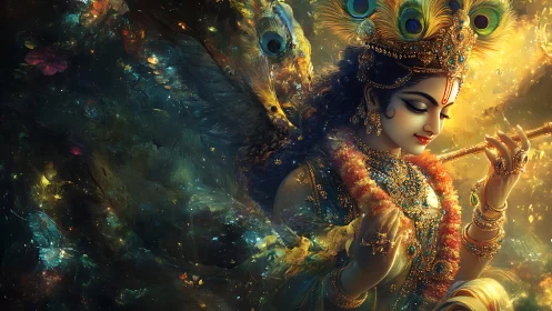 Fluted celestial figure in jeweled peacock luminescence study.