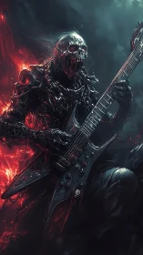 Demonic skeletal guitarist in molten inferno storm scene.