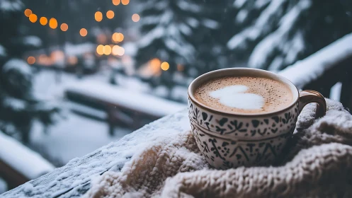 Heartlit cappuccino cradled in a softly falling winter hush.