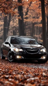 Black sedan glides through an autumn forest road at dusk.