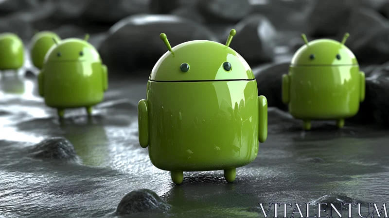 Glossy green Android mascots on reflective wet stone terrain