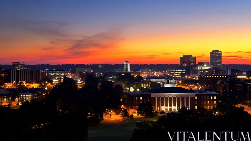 City skyline unwinds beneath a velvet evening sunrise glow.