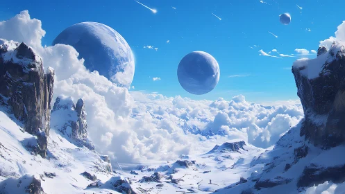 Snowy alien mountain landscape under multiple large moons