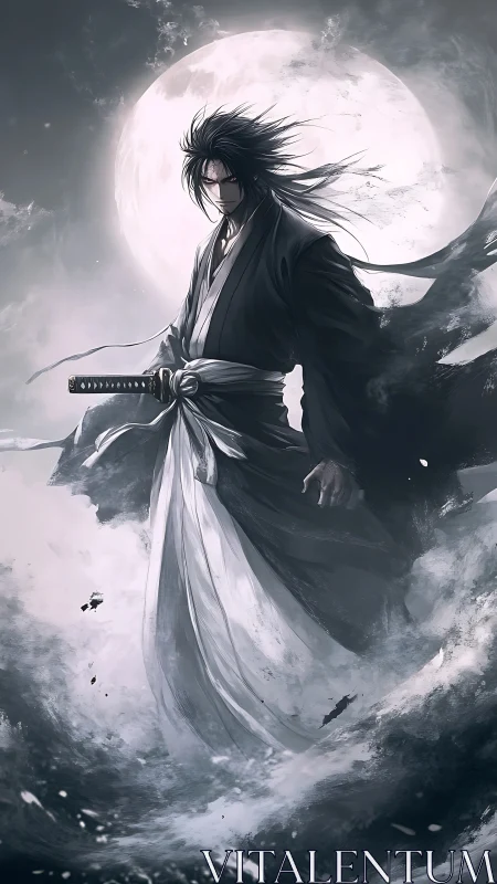 Moonlit swordsman in monochrome storm with dynamic ink effects.