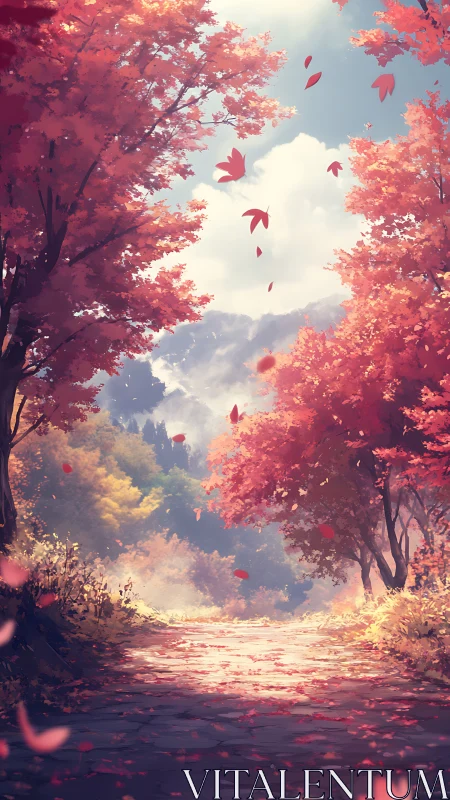 Autumn forest path under drifting scarlet leaves at dawn.