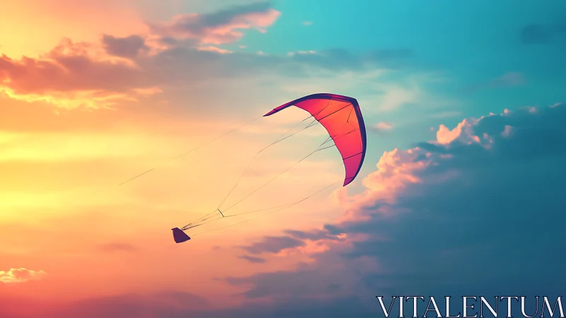 Single curved kite suspended against gradient sunset sky.