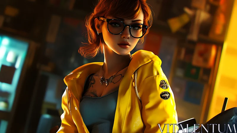 Young woman in yellow jacket with glasses indoors at night.