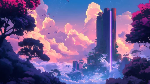 Dreamy sky city rises among glowing pink sunset clouds