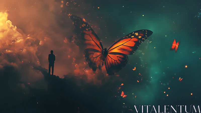 Silhouetted figure facing a large glowing butterfly.