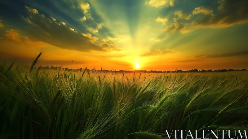 Golden sunrise over a peaceful, wind-kissed green field.