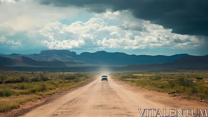 Single car on dusty desert road under storm-laden cloud shelf
