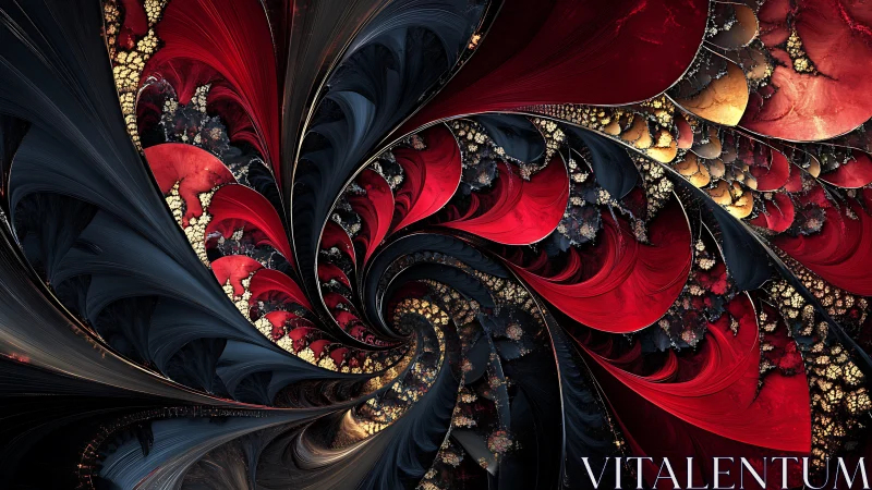 Helical crimson-gold fractal vortex with recursive petal filaments.